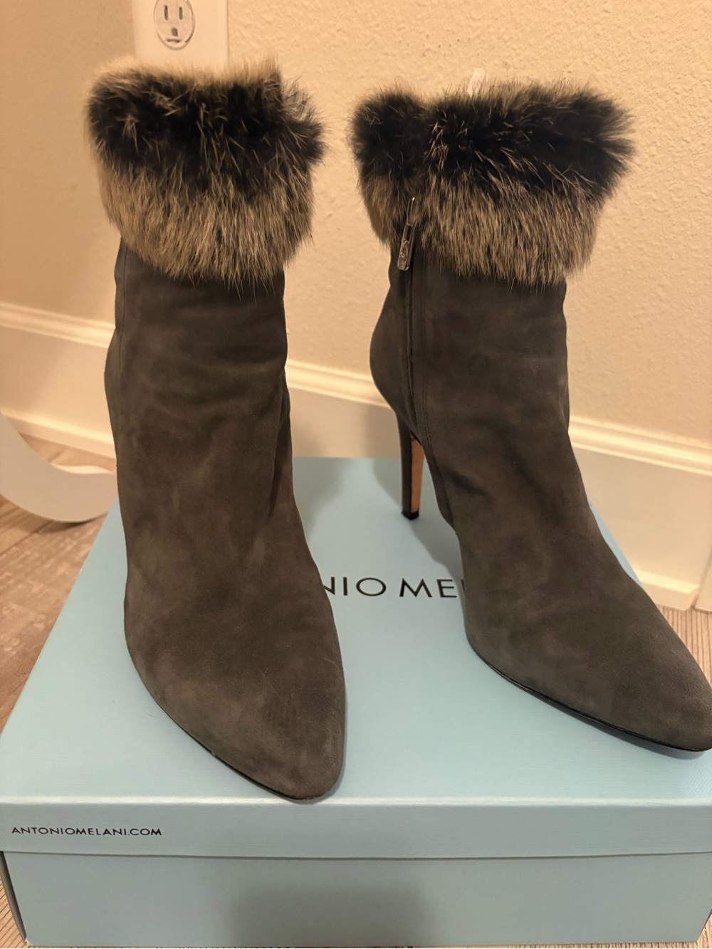 ANTONIO MELANI Gray Suede Fur-Trim Pointed Toe Ankle Boots